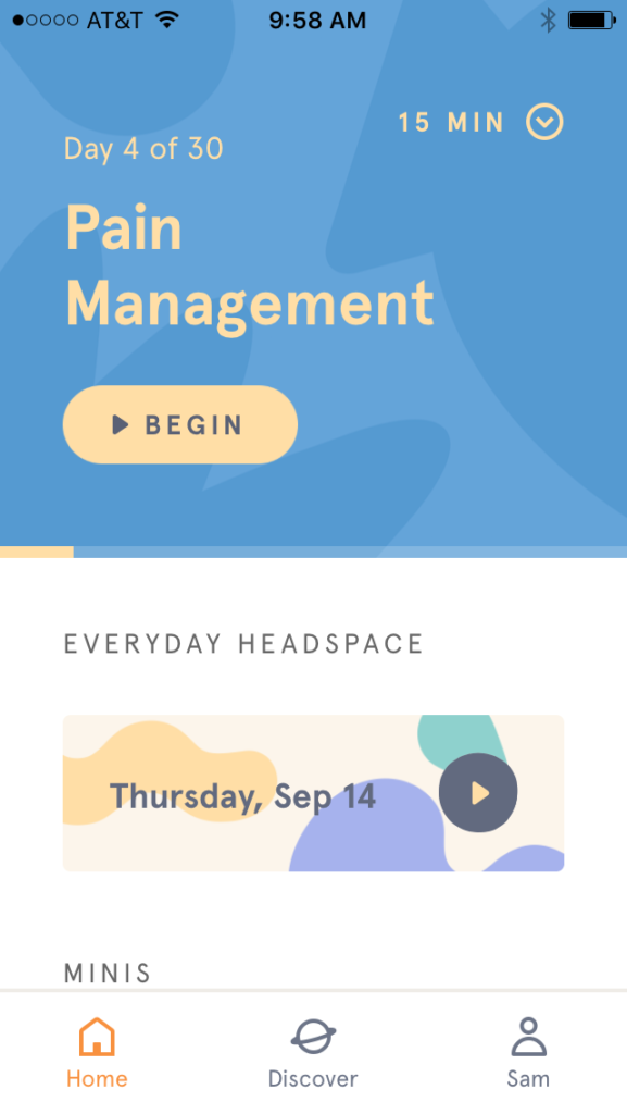 screenshot of the Headspace homescreen